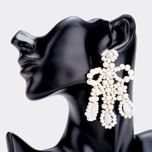 Wood Bead Oversized Bow Drop Earrings- Cream